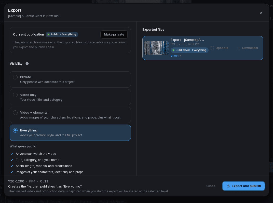 Export dialog showing publication status and visibility options
