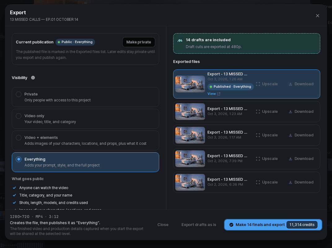 Export dialog showing 14 draft cuts and the option to make finals before exporting