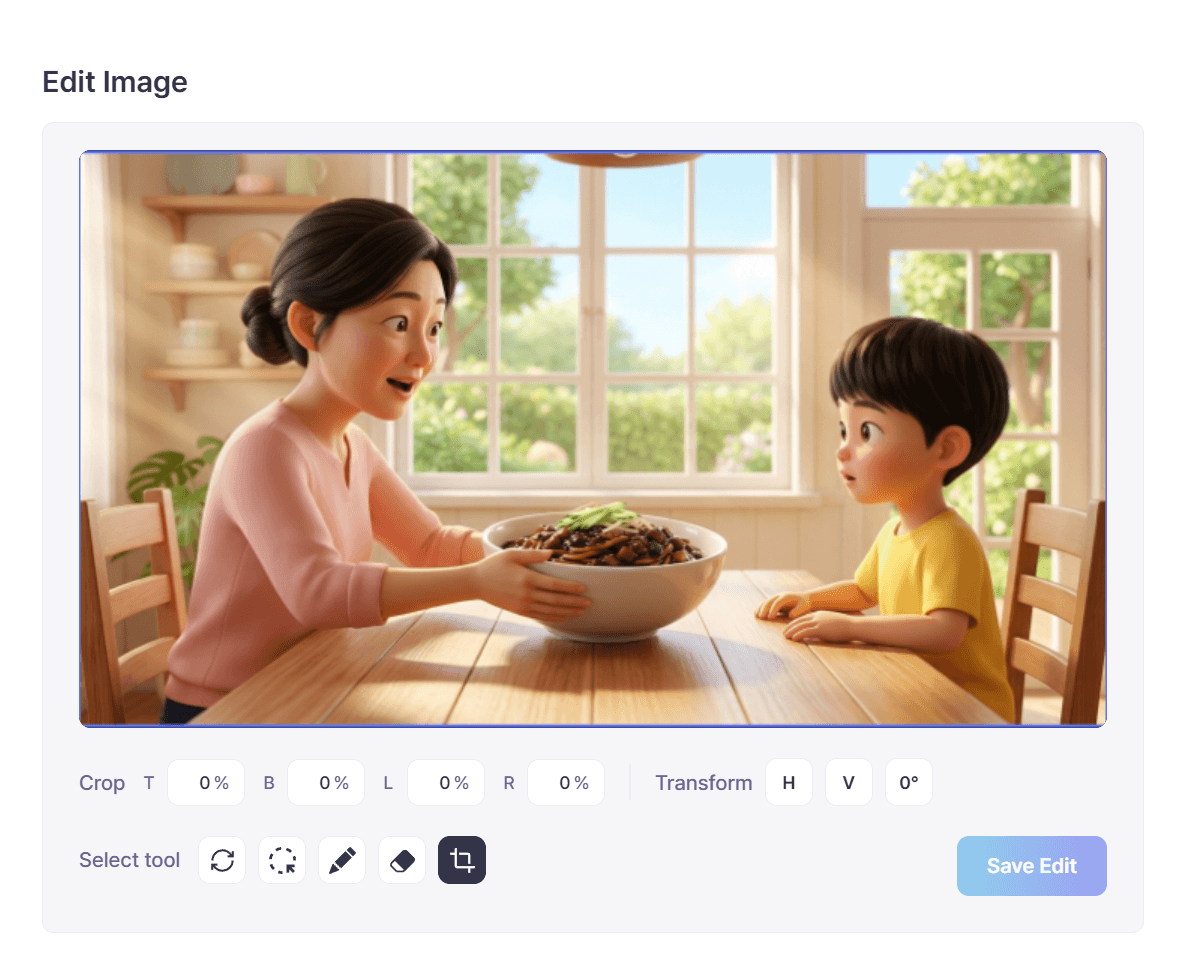 Tacu image editor with crop, transform, selection, brush, and eraser controls