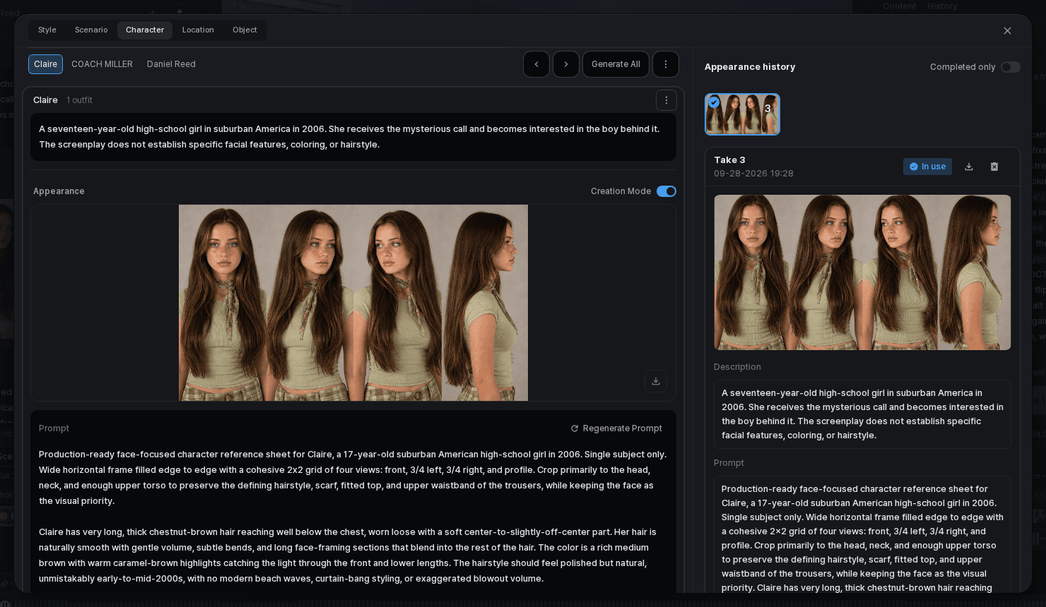 Character appearance image beside its take history and selected result