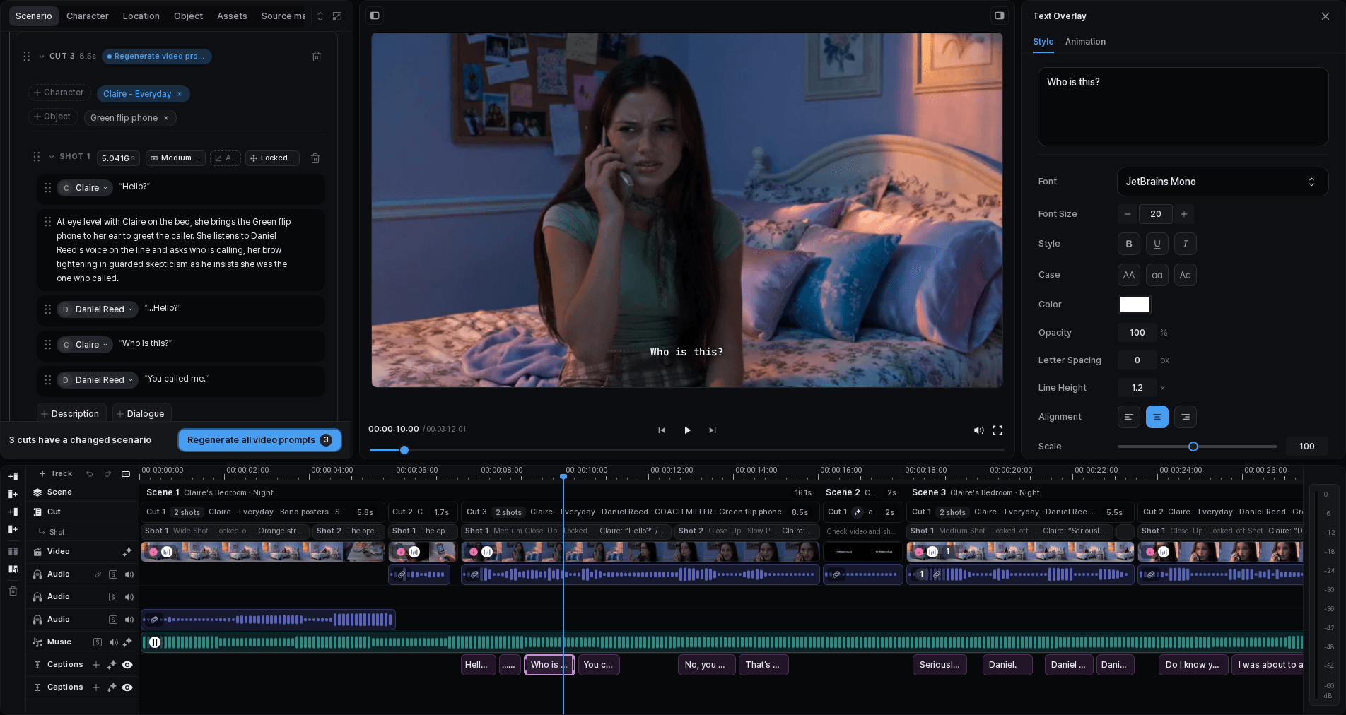 Subtitle items on the timeline with their placement visible in the video preview