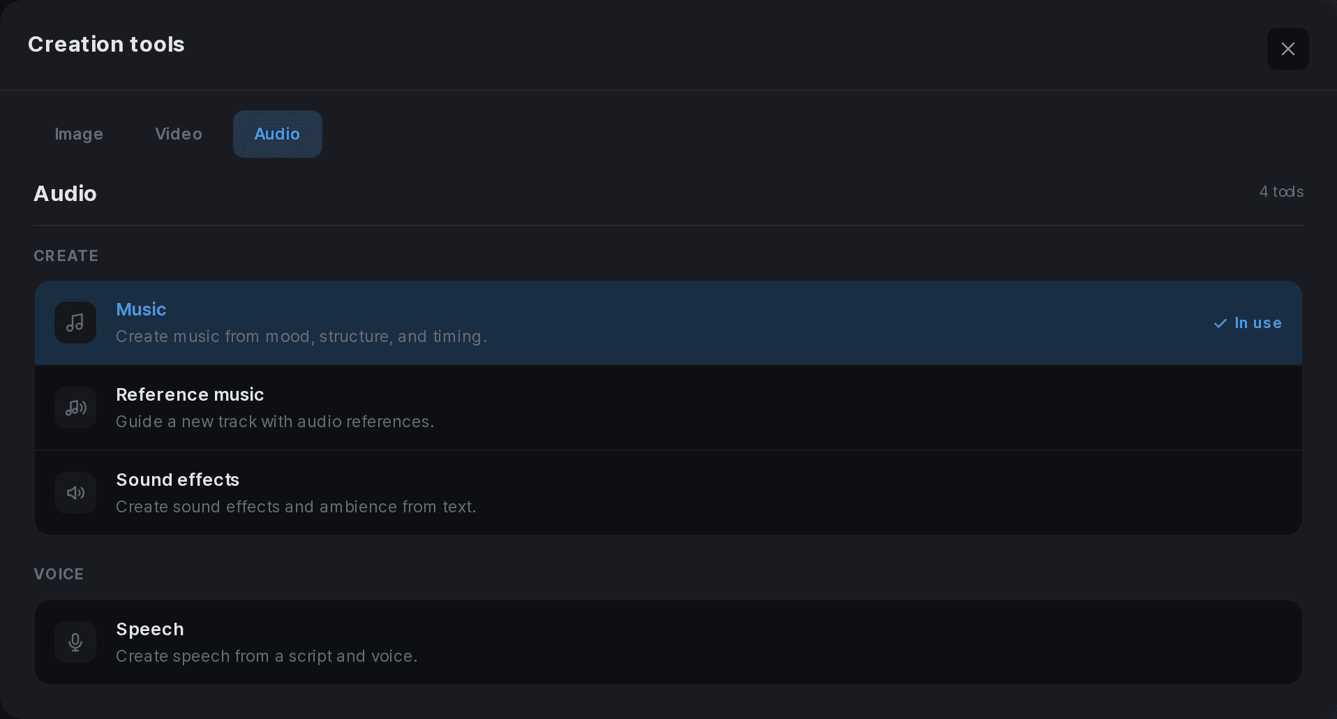 Audio creation tools for music, reference music, sound effects and speech