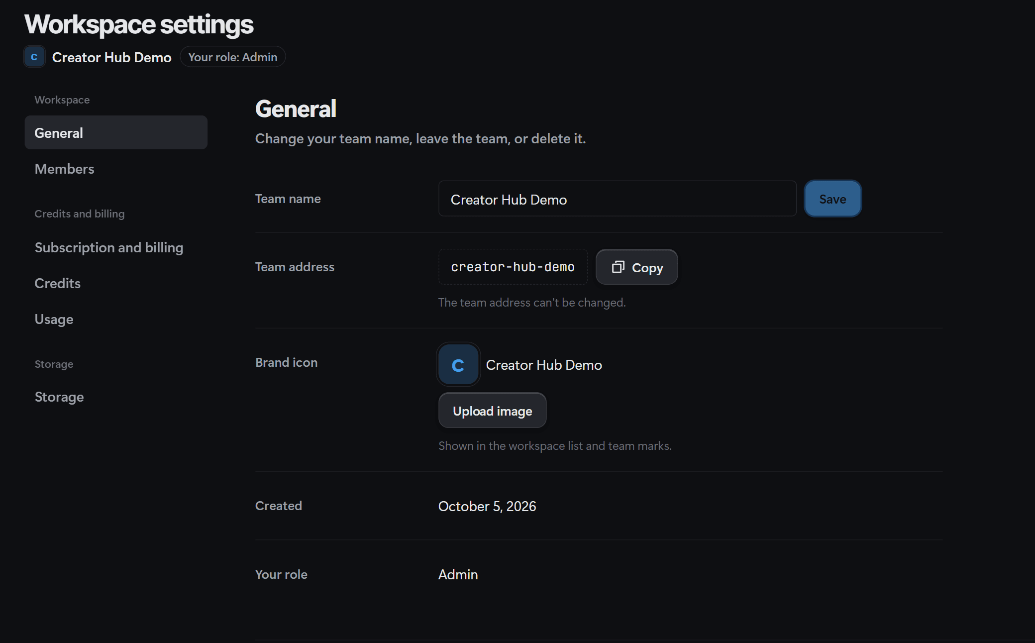 Team workspace settings showing the team name and your role