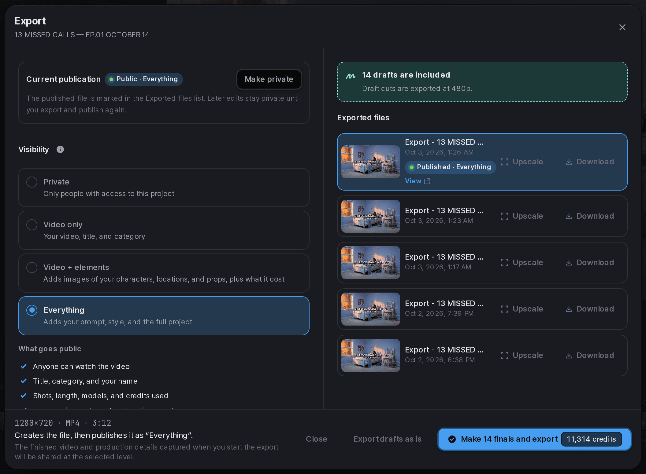 Export dialog showing 14 draft cuts and the estimated credits to make their final versions