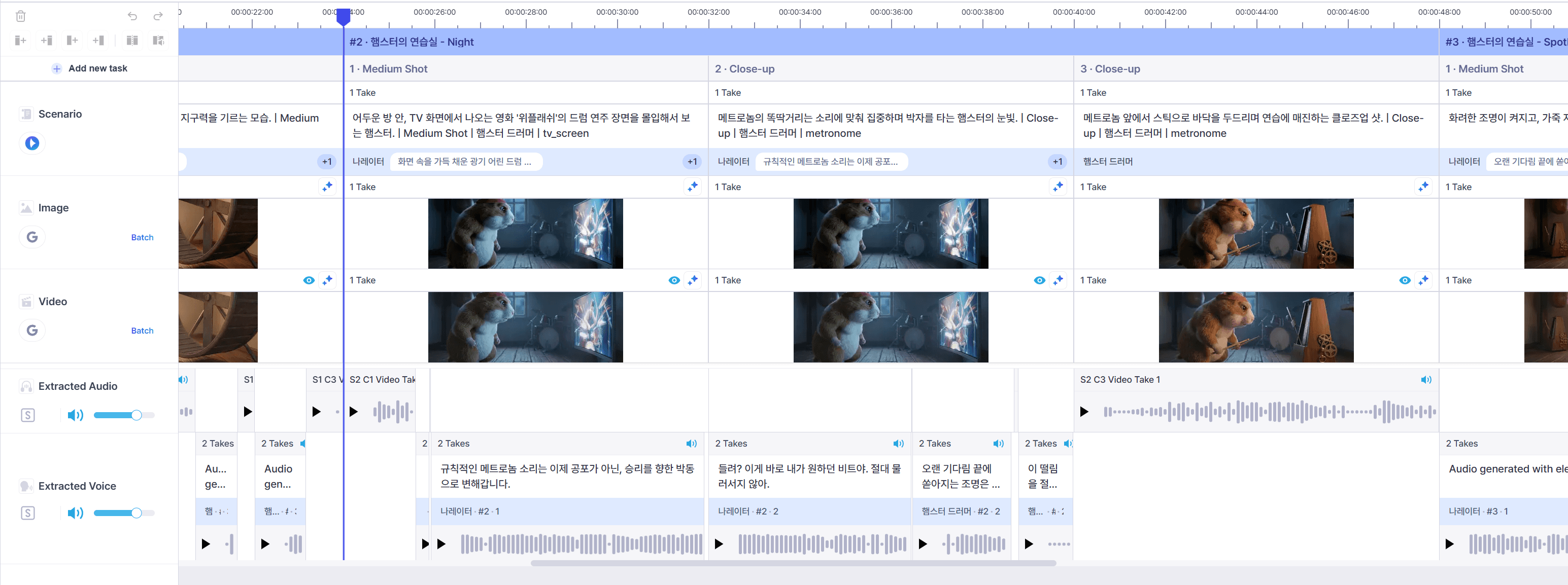 Tacu timeline grid with Scene and Cut structure plus image, video, voice, and audio rows