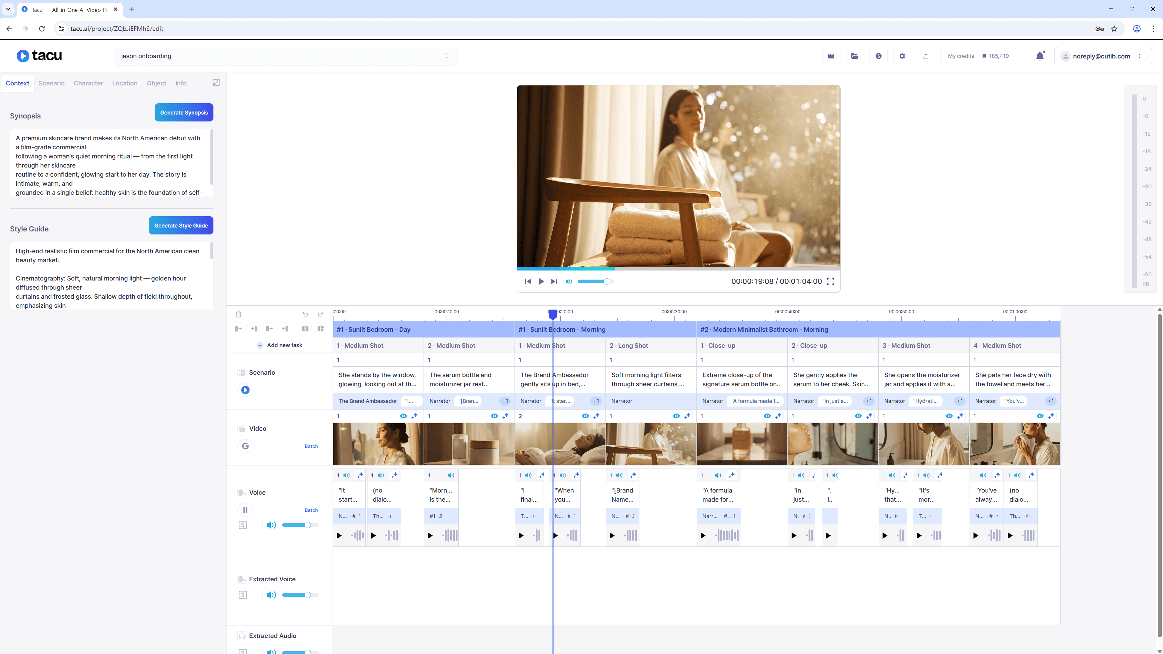 Tacu preview player showing a generated video frame above its complete timeline