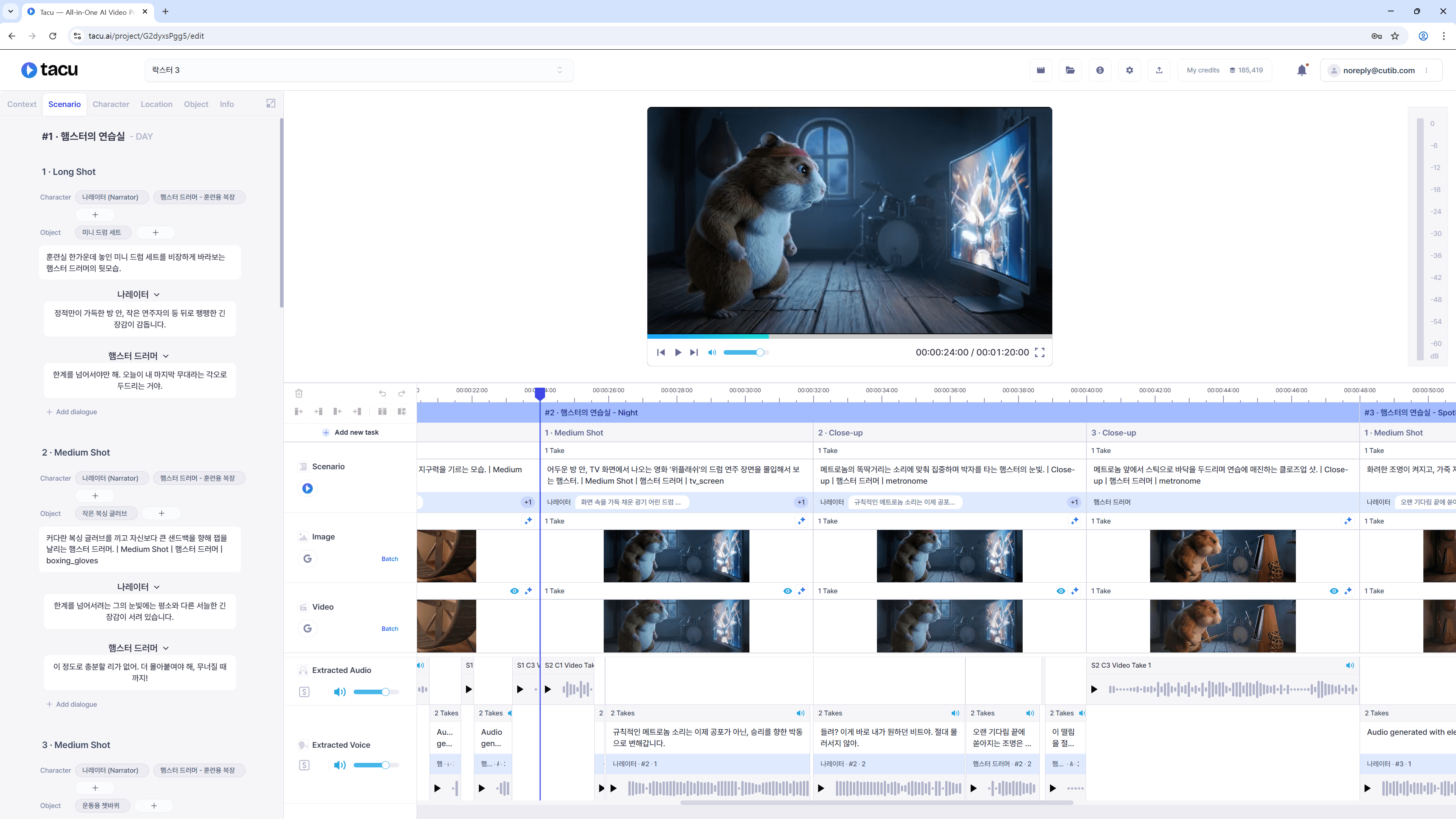 Expanded Tacu timeline with multiple Scenes, Cuts, generated media, and audio tracks