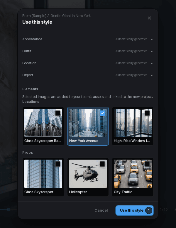 Style reuse dialog with the elements that can be selected for a new project