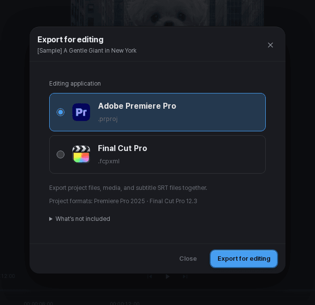 Editing export panel with Premiere Pro and Final Cut Pro options