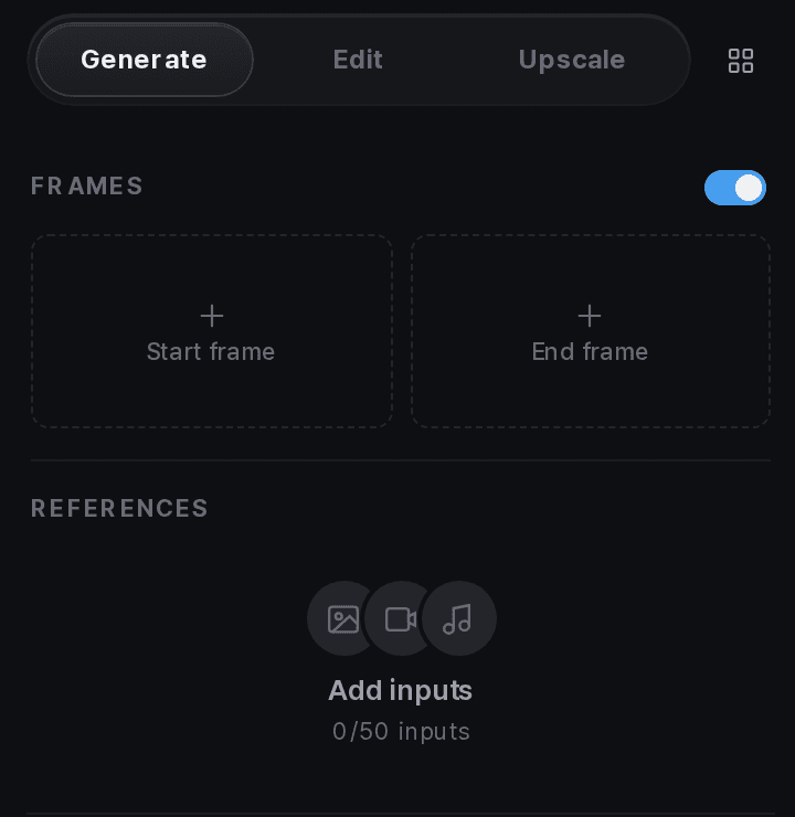Video workspace with frame inputs separated from reference inputs